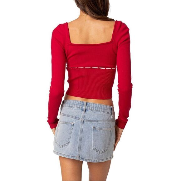 HESPERUS Natasha Square Neck Long Sleeve Knit Top in Red- sweater size S - Picture 3 of 6